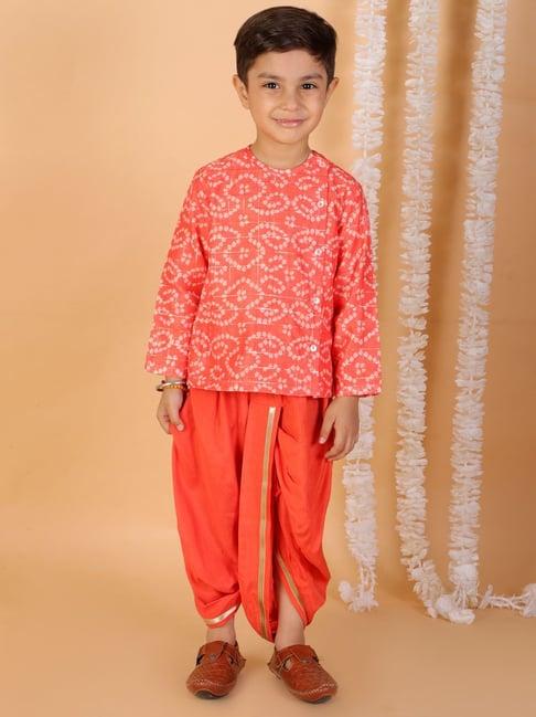 lil drama kids peach with orange printed full sleeves kurta with dhoti