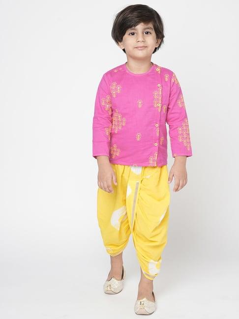 lil drama kids pink & yellow floral print full sleeves kurta with dhoti