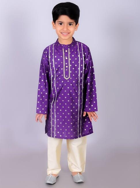 lil drama kids purple & cream printed full sleeves kurta with pants