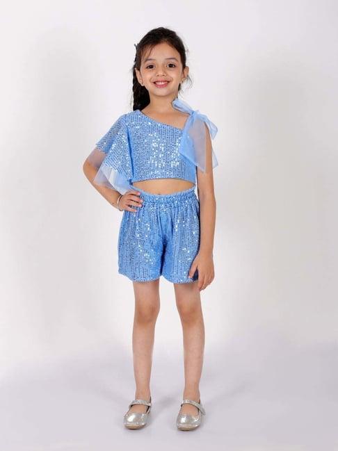 lil drama kids sky blue embroidered top set