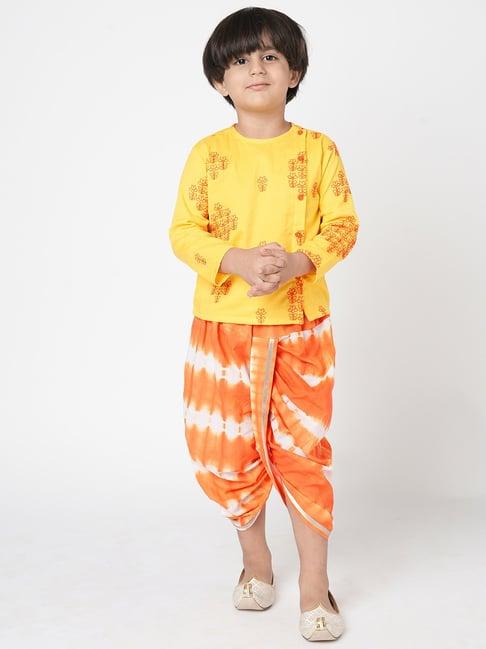 lil drama kids yellow & orange floral print full sleeves kurta with dhoti