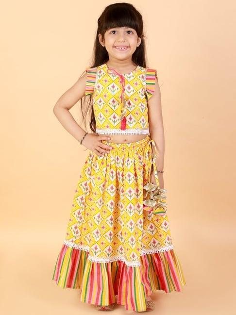 lil drama kids yellow & pink cotton printed ghaghra cholis