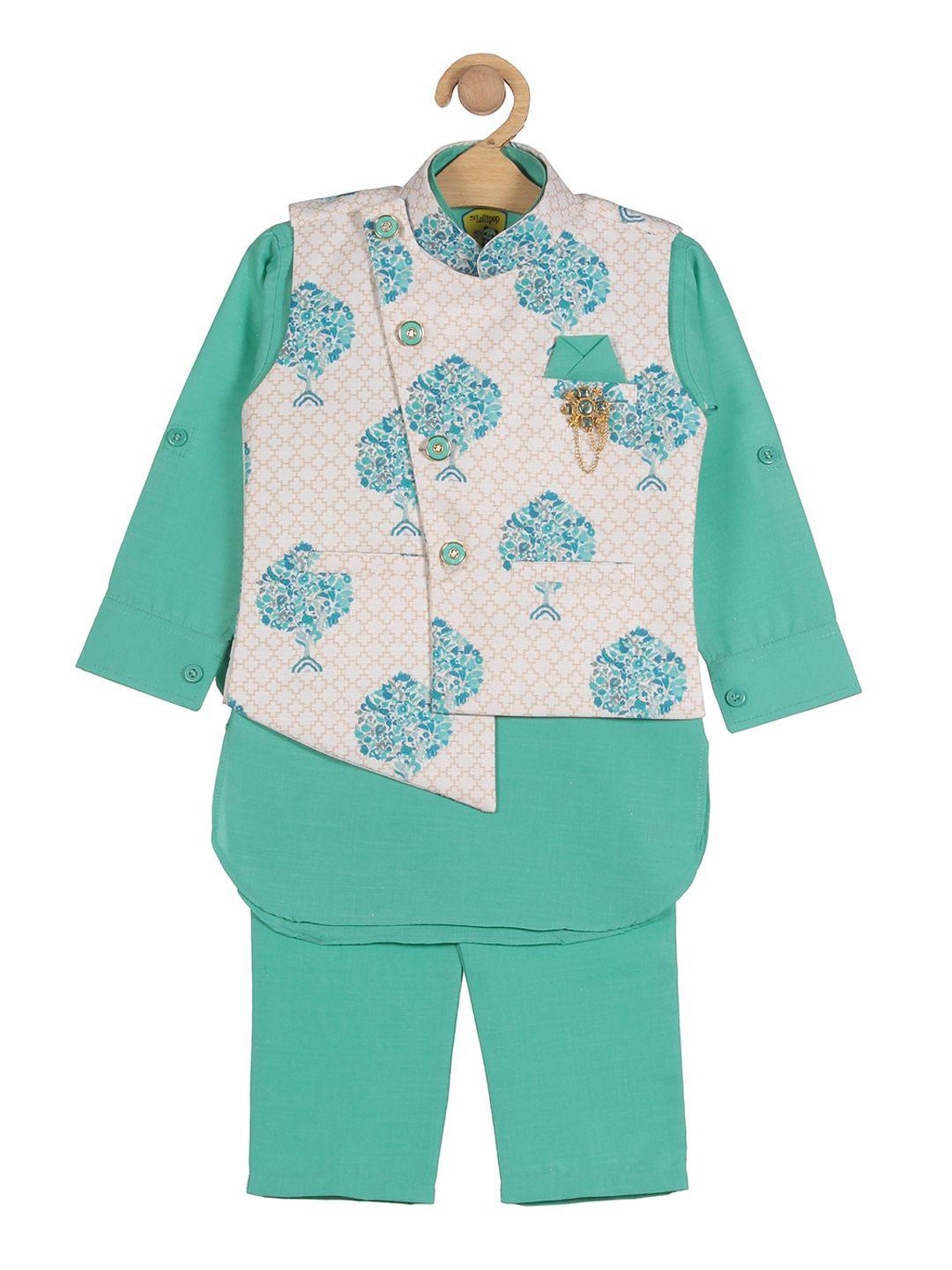 lil lollipop boys floral pure cotton kurta & trousers with nehru jacket