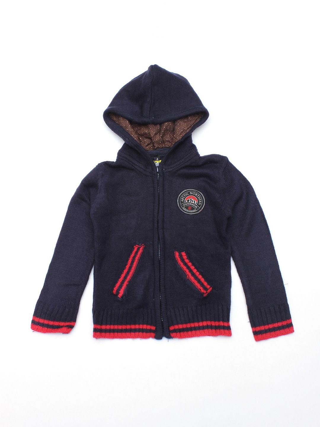 lil lollipop unisex kids navy blue & red pure cotton front open hooded sweater