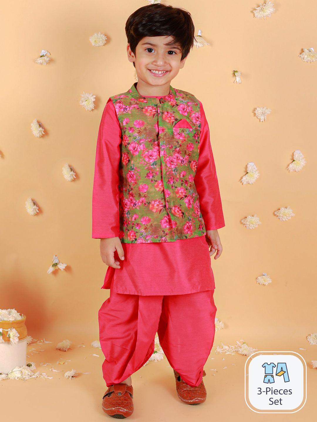 lil peacock boys band collar straight kurta & dhoti pants with nehru jacket