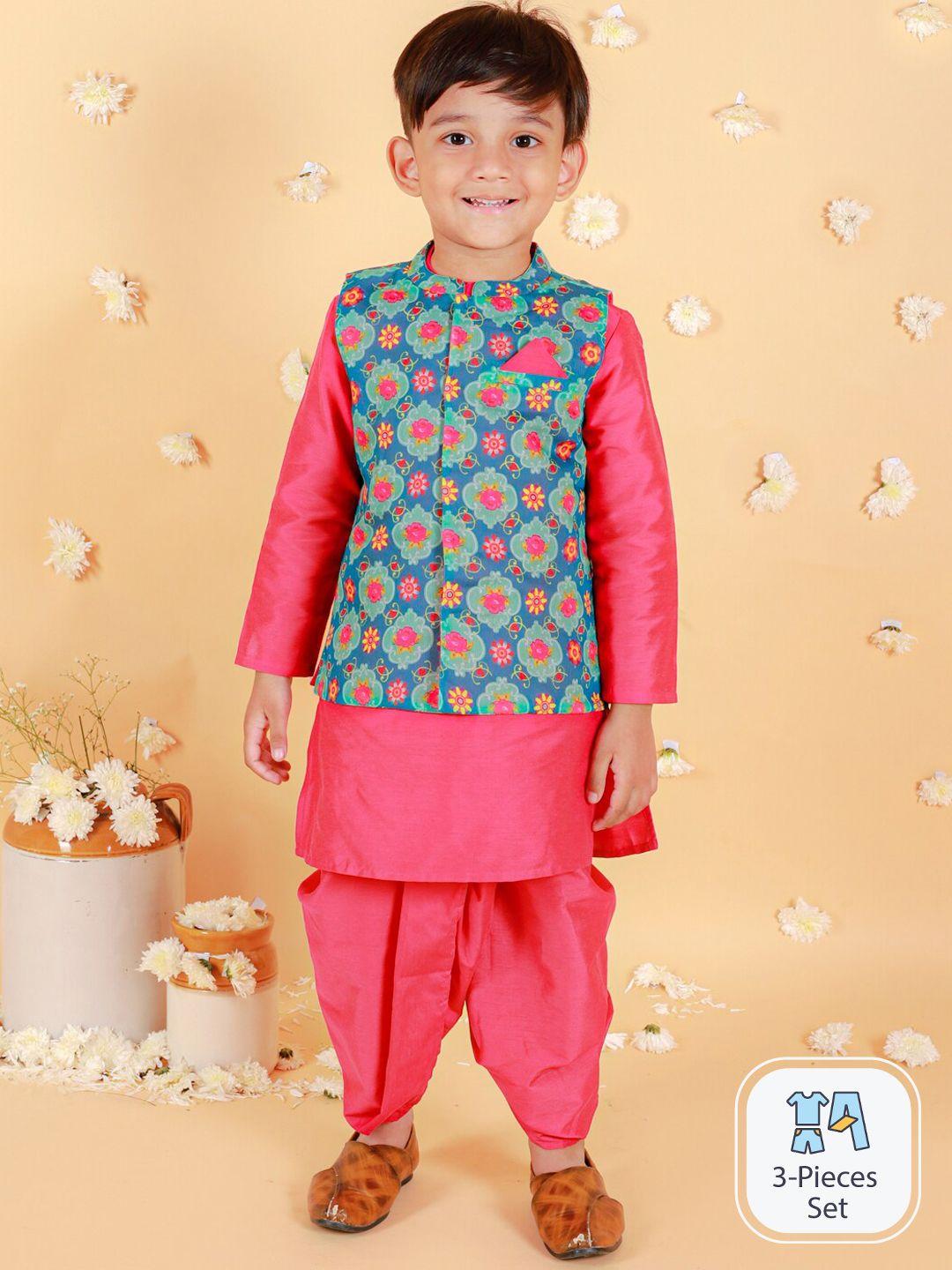 lil peacock boys band collar straight kurta & dhoti pants with nehru jacket