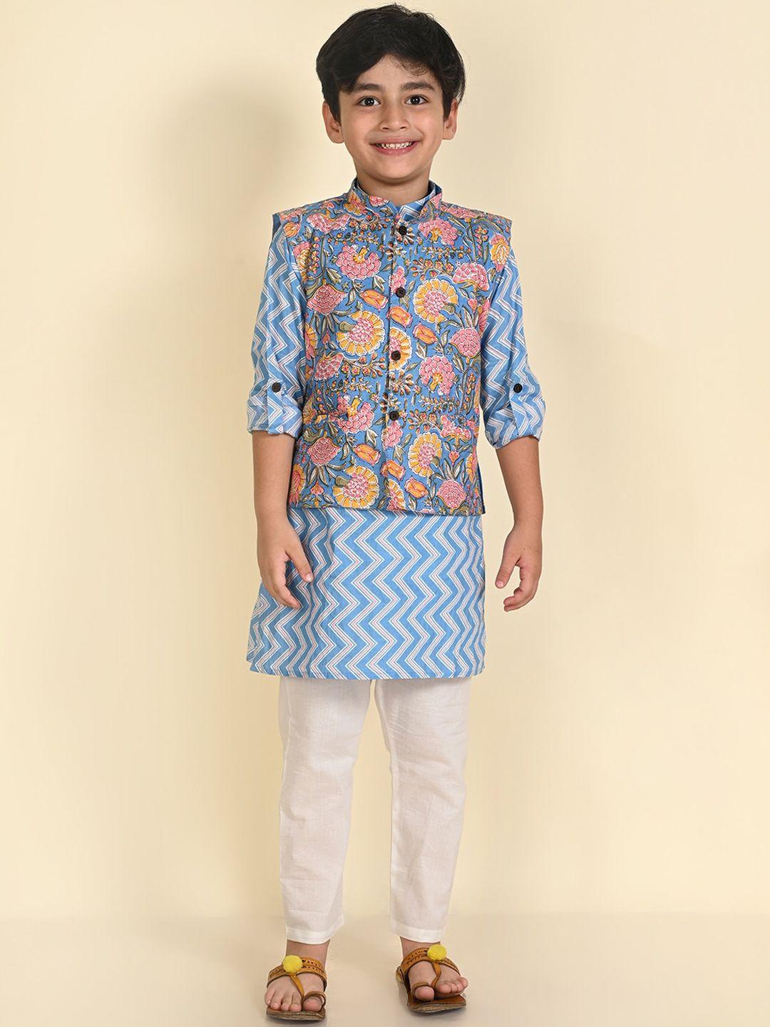 lil pitaara boys chevron printed pure cotton regular kurta & pyjamas with nehru jacket
