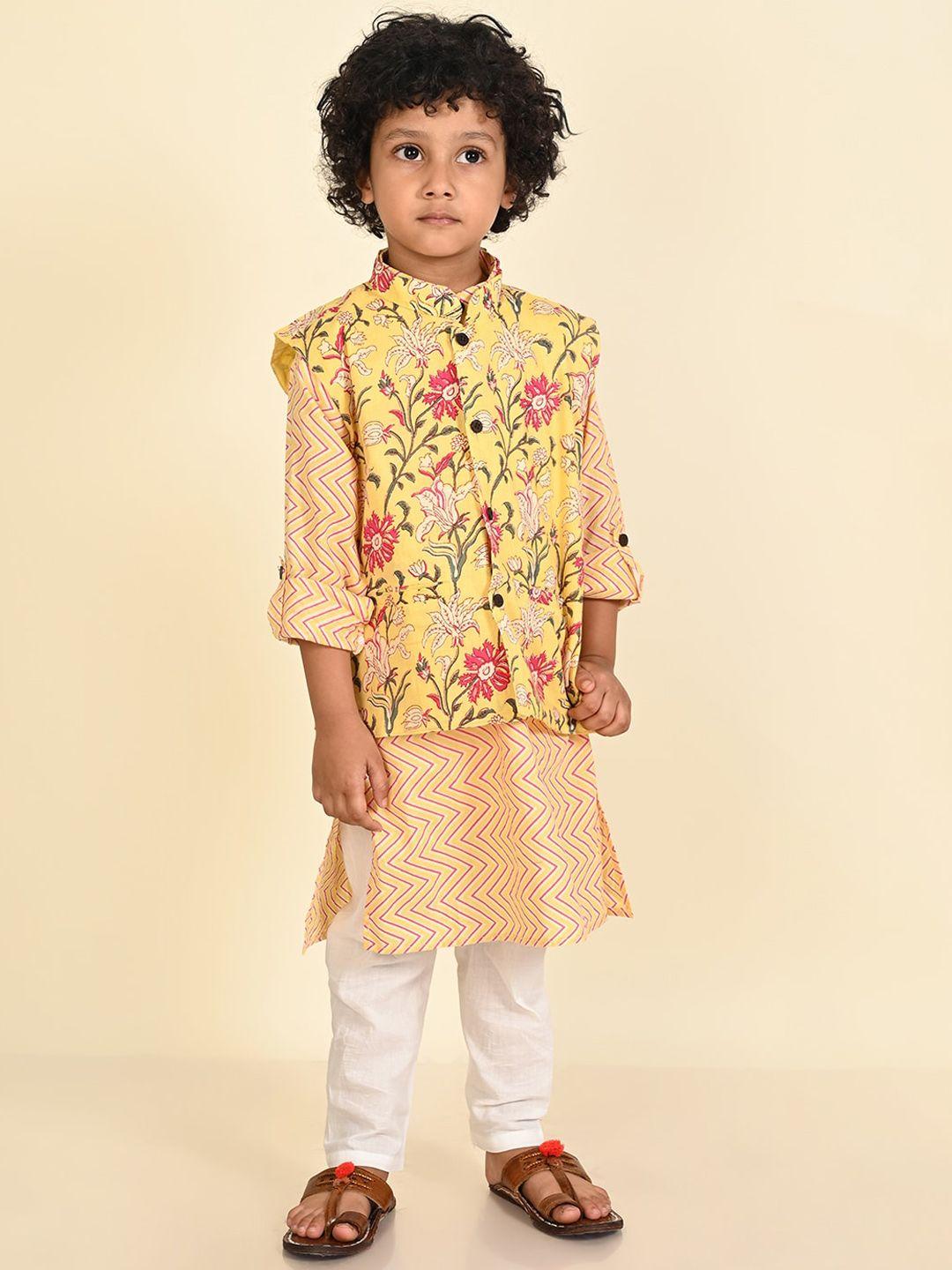 lil pitaara boys chevron printed pure cotton regular kurta & pyjamas with nehru jacket