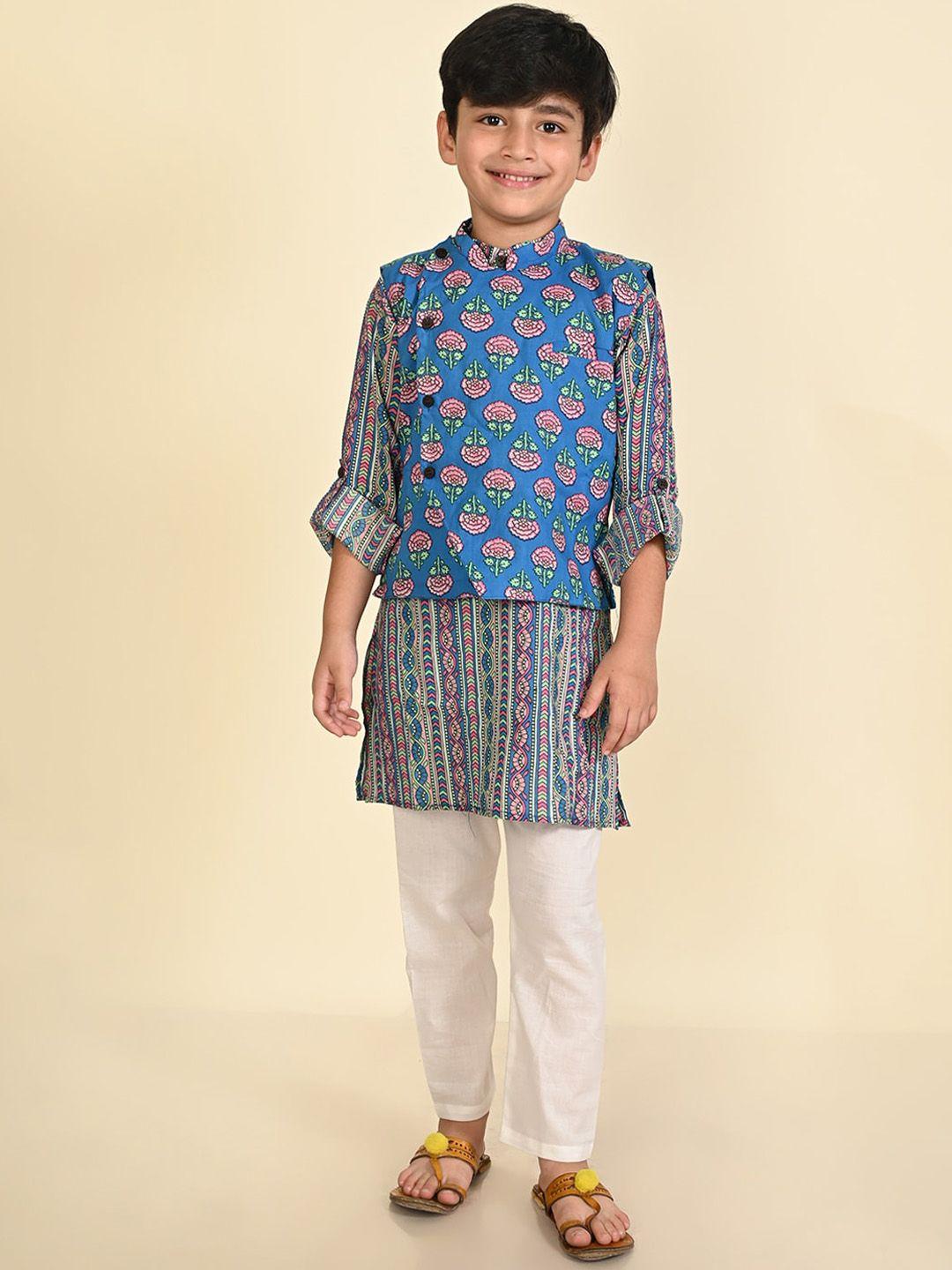lil pitaara boys ethnic motifs printed pure cotton kurta & pyjamas with nehru jacket