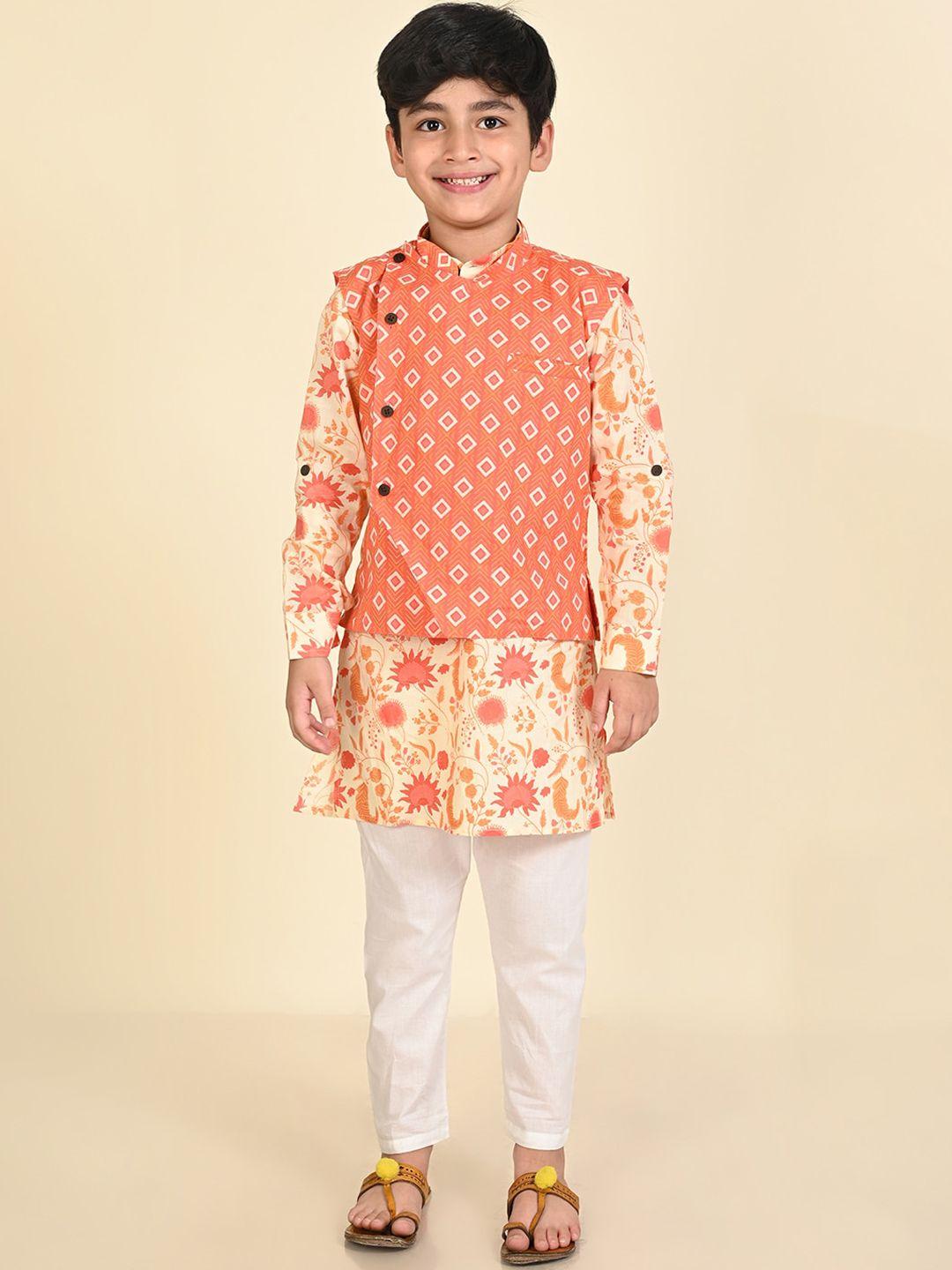 lil pitaara boys floral printed pure cotton regular kurta & pyjamas with nehru jacket