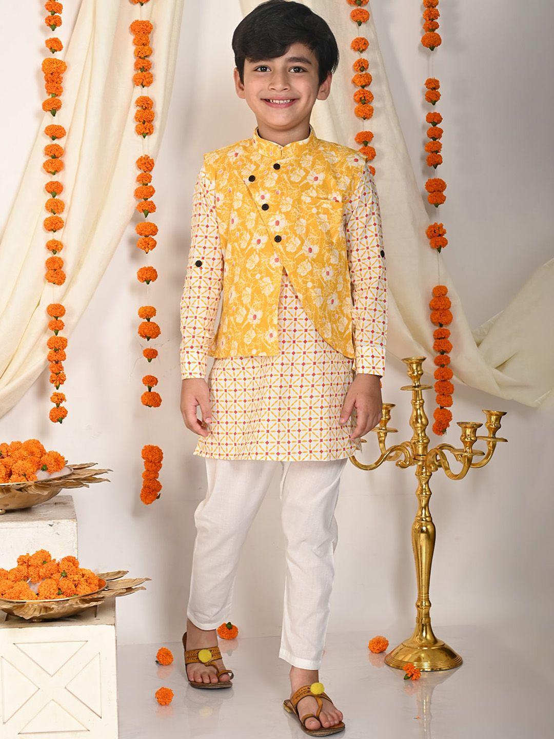 lil pitaara boys floral printed regular pure cotton kurta with pyjamas & nehru jacket