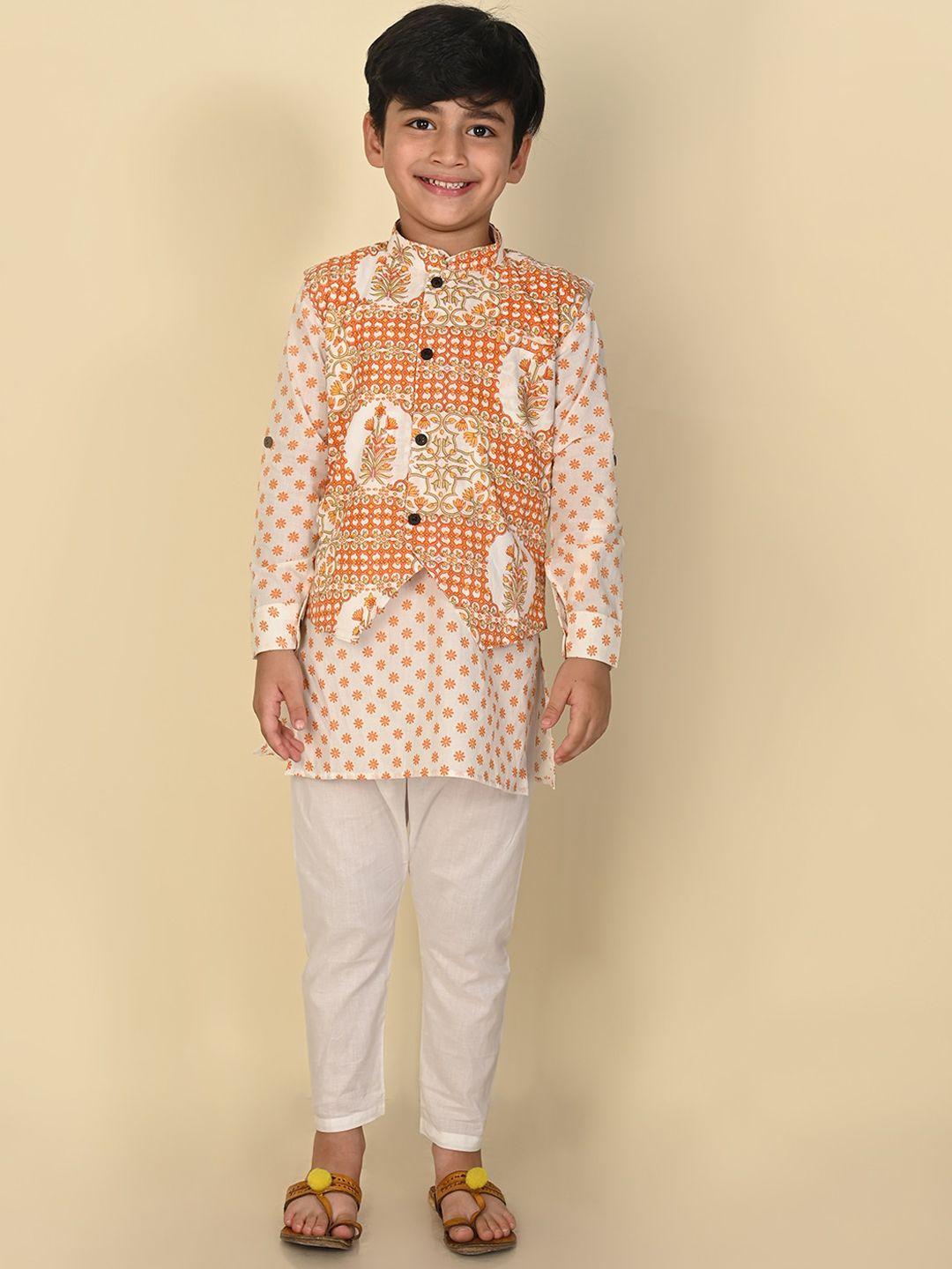 lil pitaara boys floral printed regular pure cotton kurta with pyjamas & nehru jacket