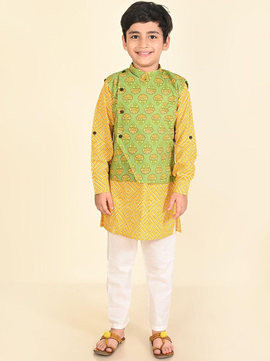 lil pitaara boys geometric printed pure cotton regular kurta & pyjamas with nehru jacket