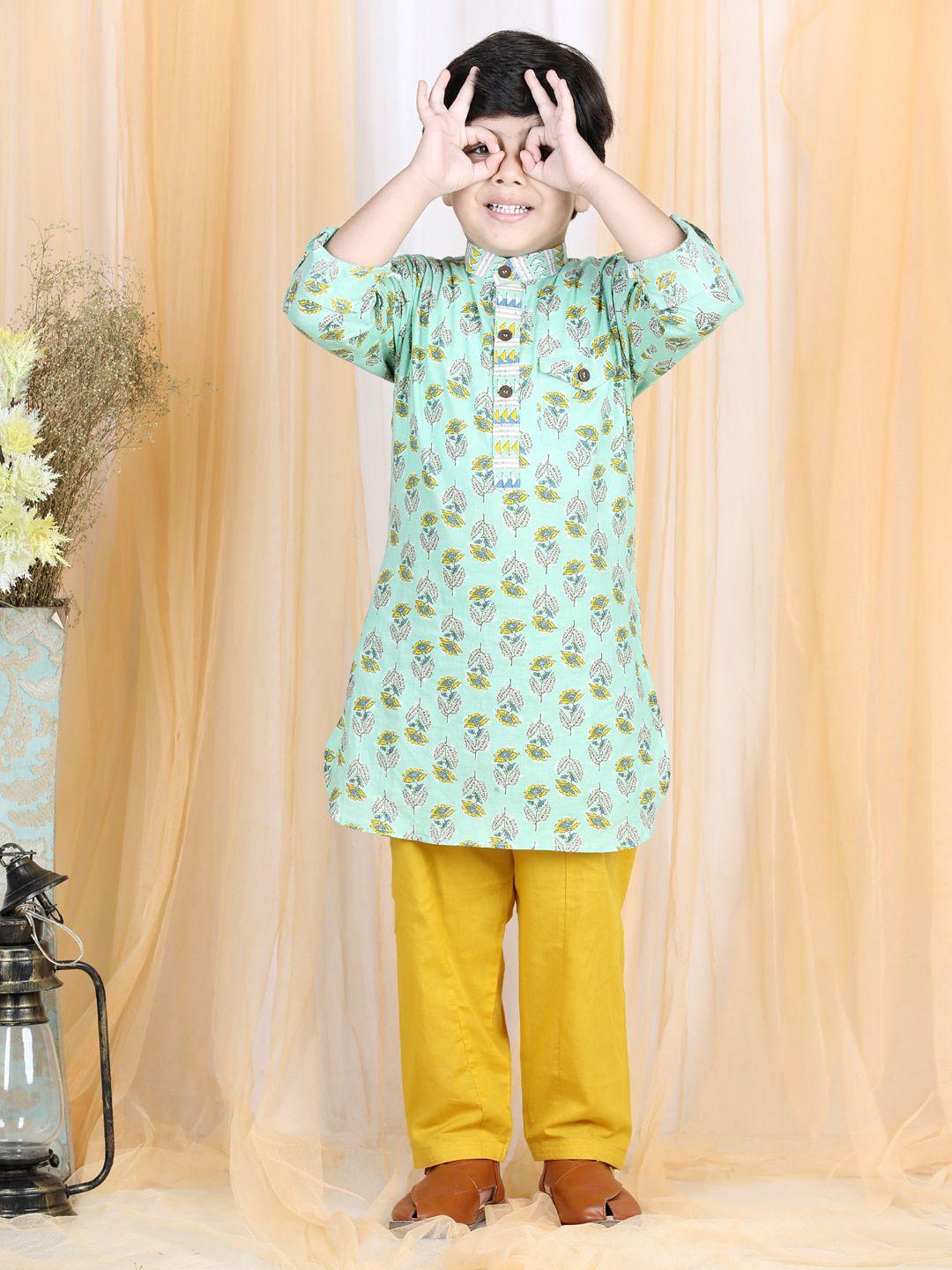 lil pitaara boys green ethnic motifs printed pure cotton kurta with pyjamas