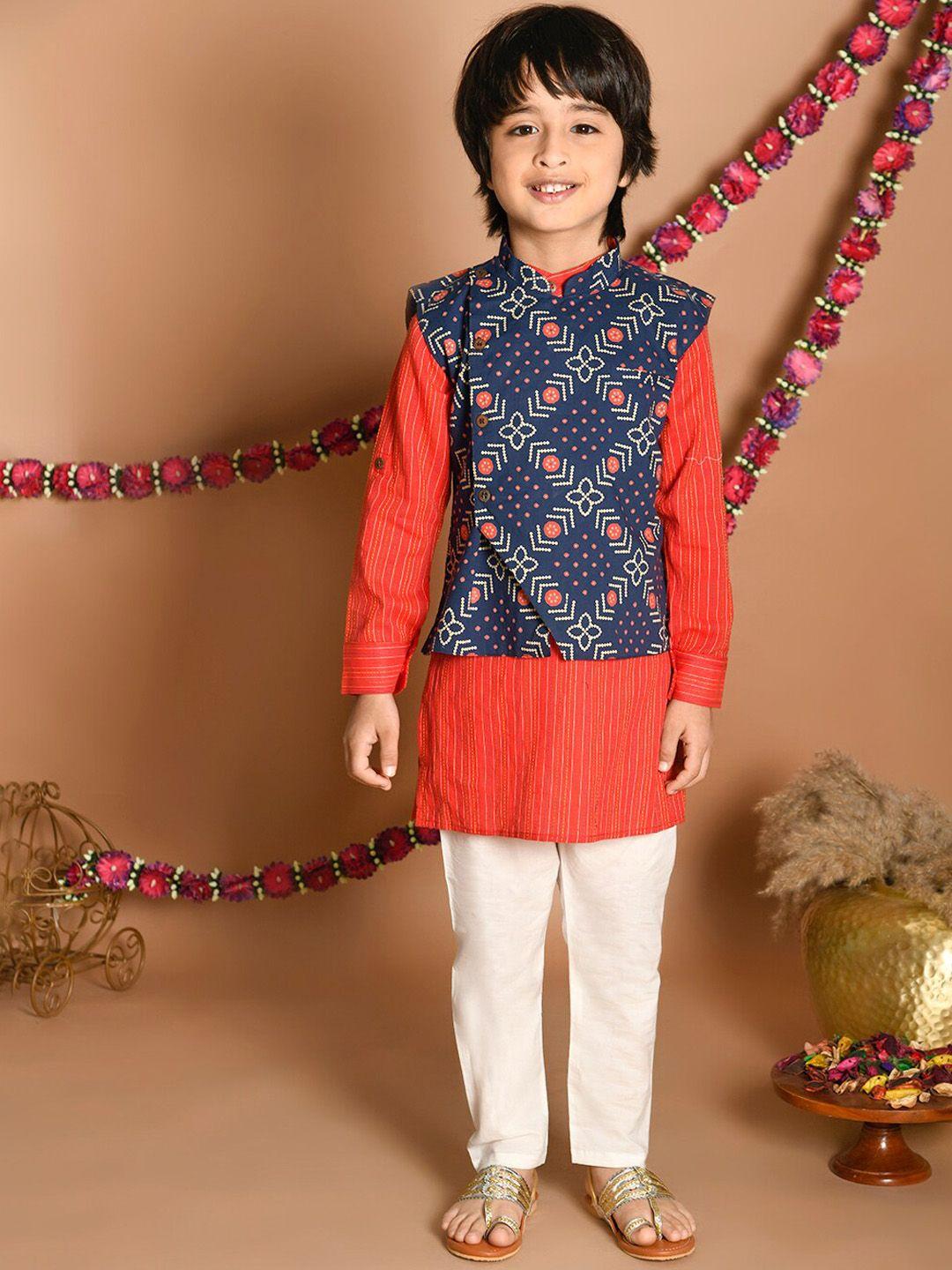 lil pitaara ethnic motifs printed pure cotton kurta & pyjamas with nehru jacket