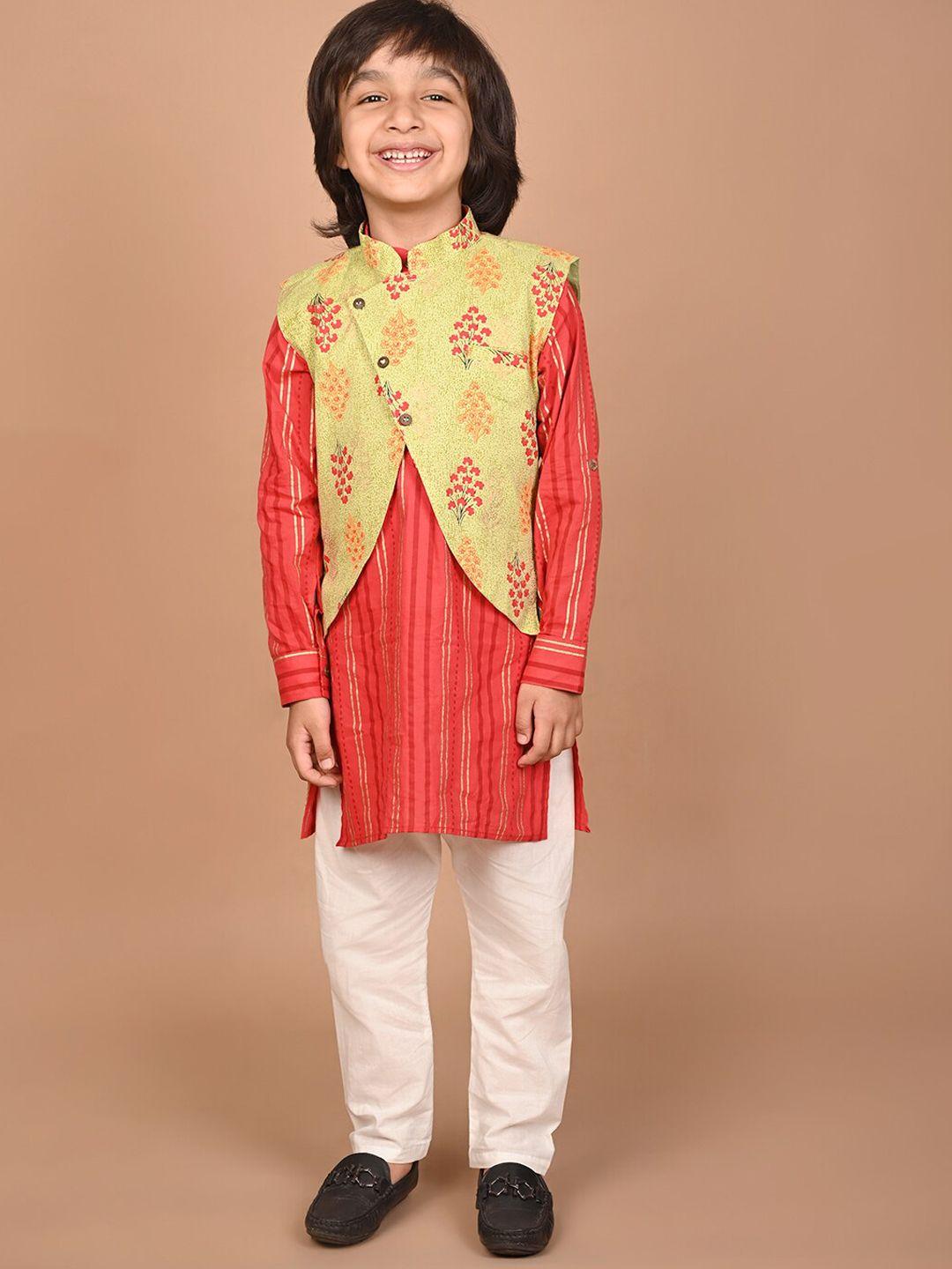 lil pitaara floral printed pure cotton kurta & pyjamas with nehru jacket