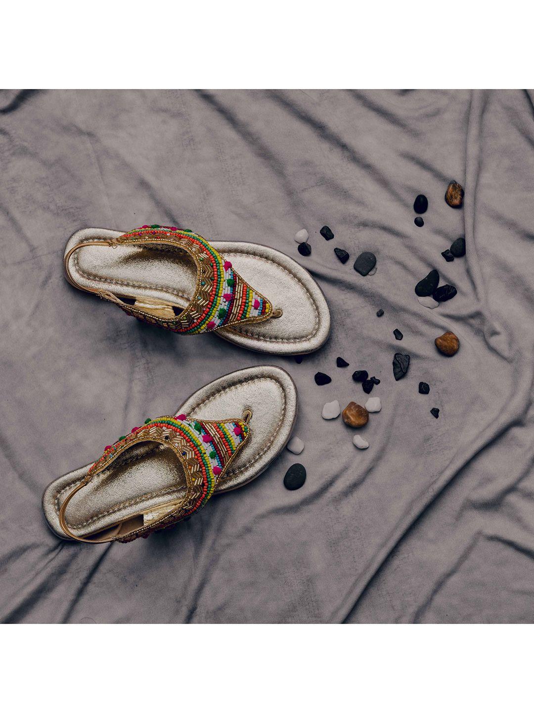 lil pitaara girls gold-toned embellished ethnic t-strap flats