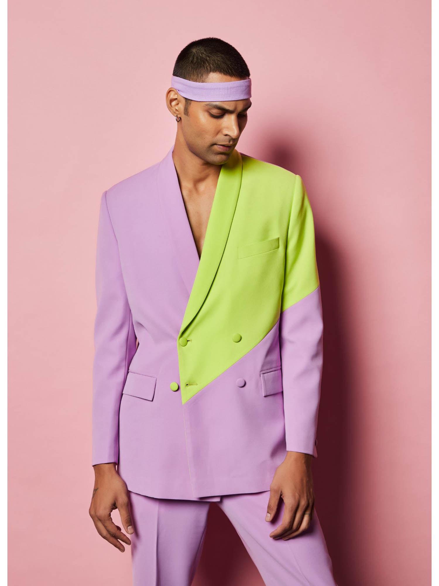 lilac and lime green colour block blazer