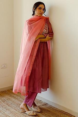 lilac chanderi embroidered kurta set