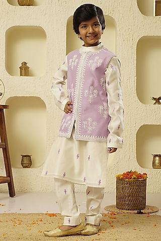 lilac chanderi silk embroidered bundi jacket with kurta set