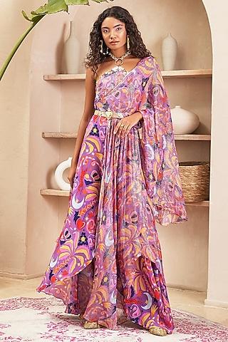 lilac crepe printed jumpsuit saree