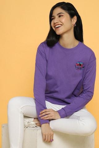 lilac embroidered casual full sleeves crew neck women regular fit sweatshirt