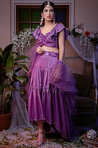 lilac embroidered high-low lehenga set for girls