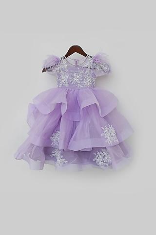 lilac embroidered layered gown for girls
