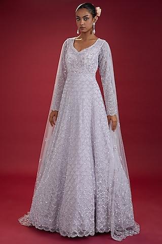 lilac net embroidered gown with dupatta