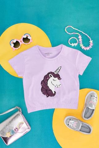 lilac print casual half sleeves round neck girls regular fit  t-shirt