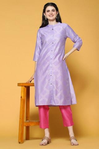 lilac print ethnic band collar 3/4th sleeves knee length women a-line fit kurta
