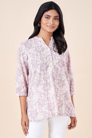 lilac print rayon mandarin women regular fit tunics