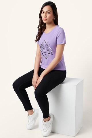 lilac printed casual half sleeves round neck women regular fit t-shirt