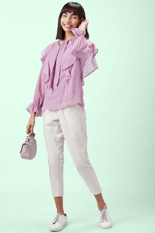 lilac printed casual puff sleeves tie-up neck women comfort fit top