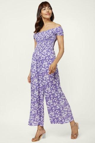 lilac printeded off shoulder casual ankle-length half sleeves women regular fit jumpsuit