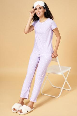 lilac printeded round neck short sleeves women regular fit t-shirt & pyjama set