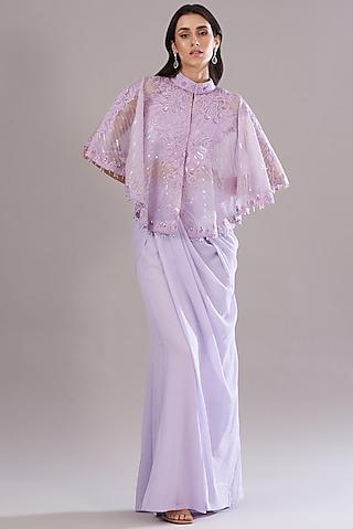 lilac silk organza embroidered cape set