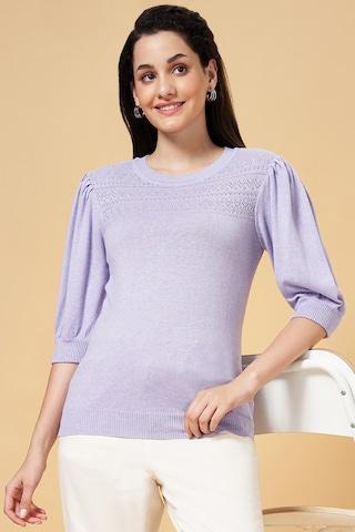 lilac solid casual half sleeves round neck women slim fit  top