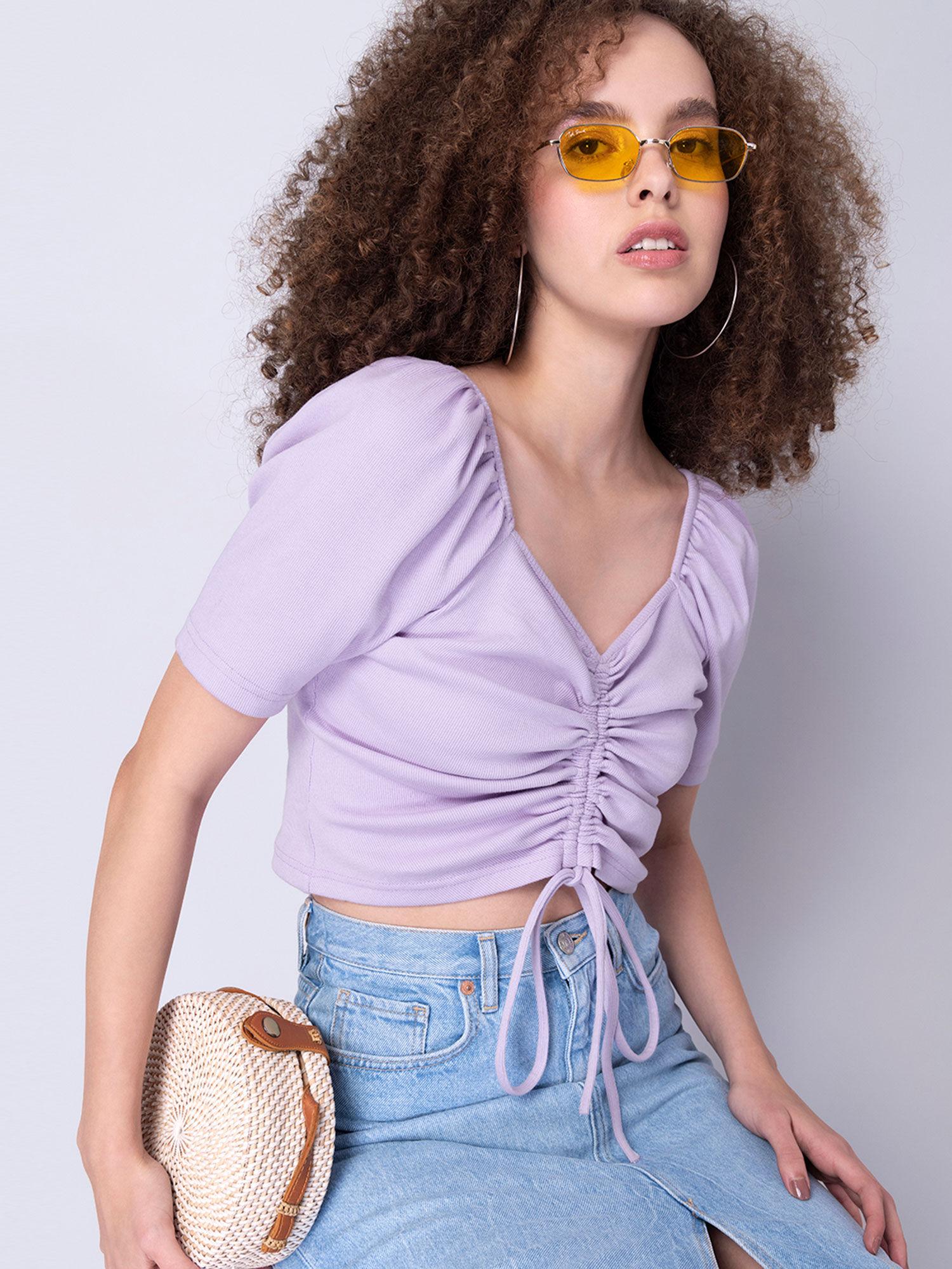 lilac sweetheart neck ruched knit crop top