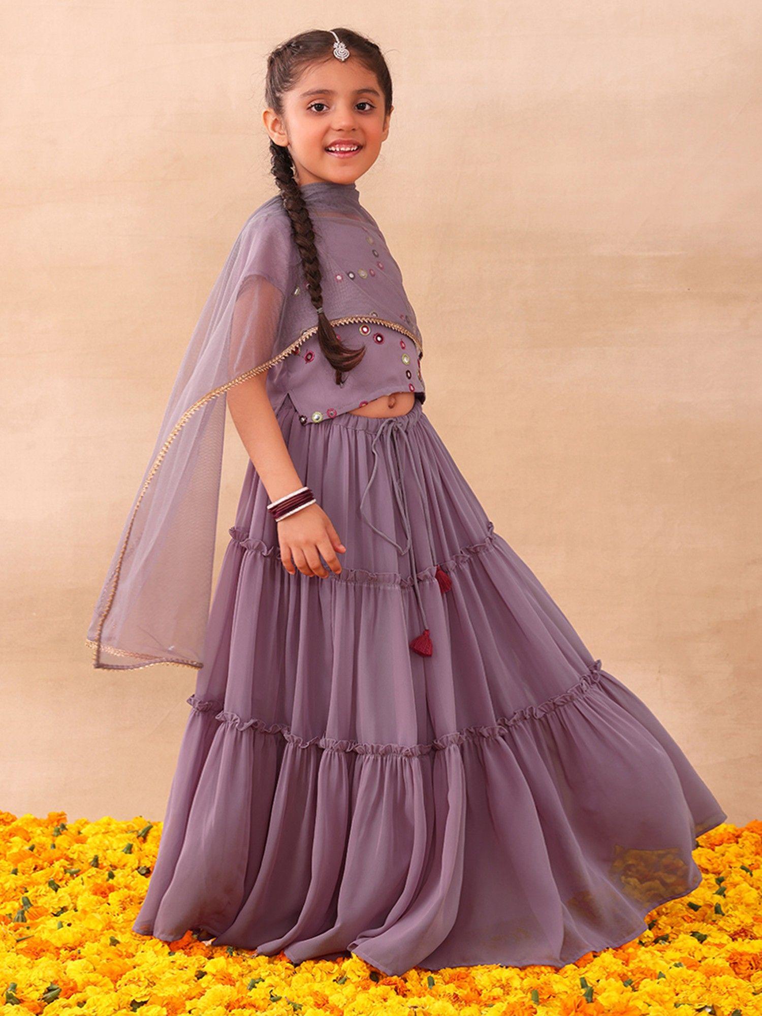 lilac tiered lehenga with blouse & dupatta (set of 3)