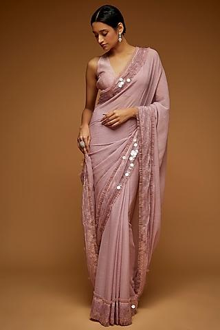 lilac wrinkle chiffon embellished saree set