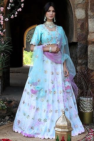 lilac & aqua blue silk embroidered tie-dye lehenga set