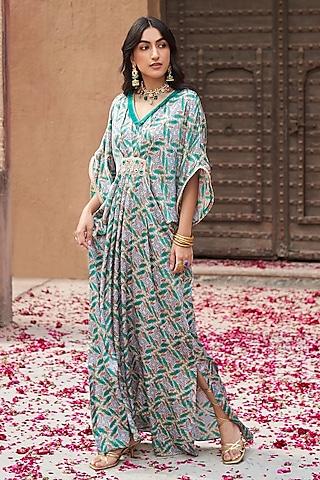 lilac & green modal satin handblock printed kaftan dress
