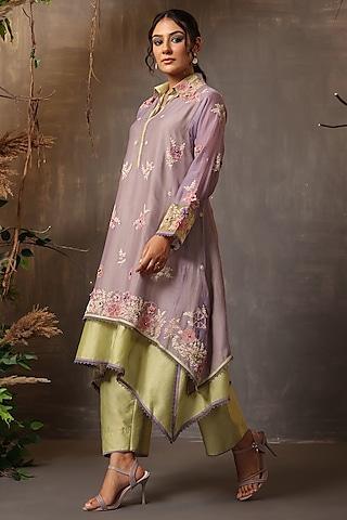 lilac & mint green chanderi silk applique embroidered layered kurta set