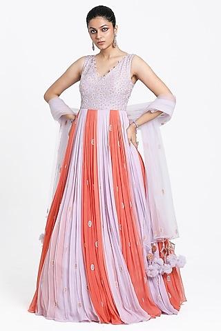 lilac & peach georgette beads embroidered ombre anarkali set