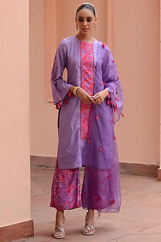 lilac & pink crepe & organza embroidered kurta set