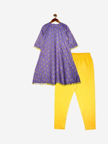 lilac & yellow girls kurta dress & legging (set of 2) (12-14 years)