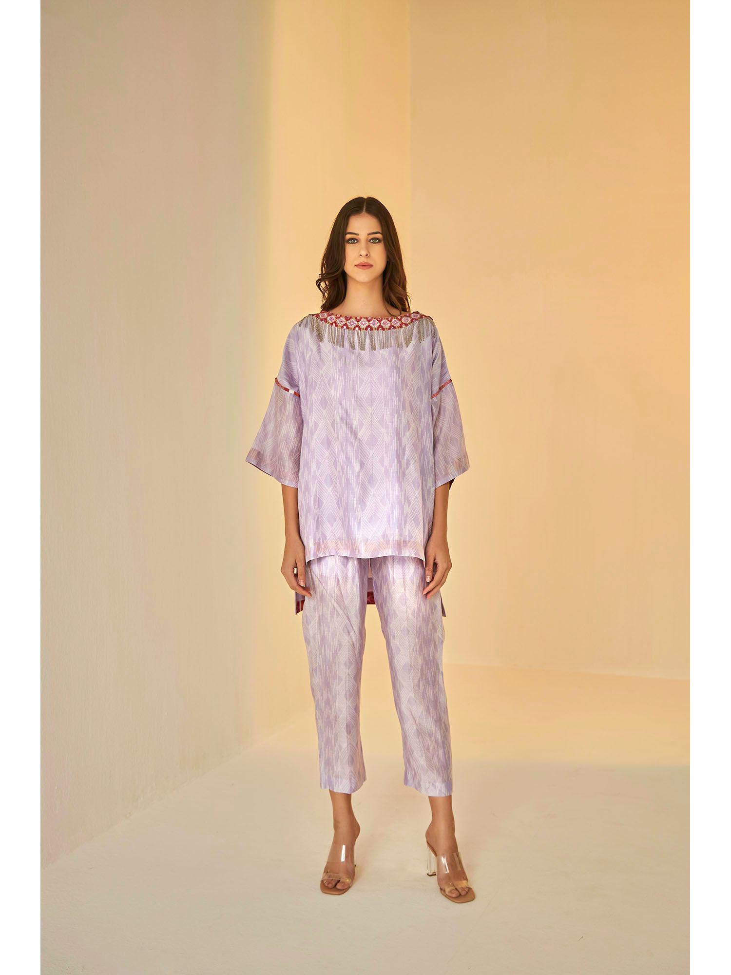 lilac- samarkand boat neck embroidered shibori top and pants set (set of 2)