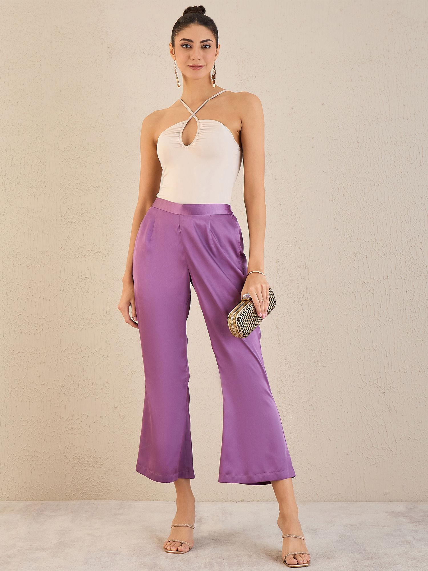 lilac bell bottom satin pant