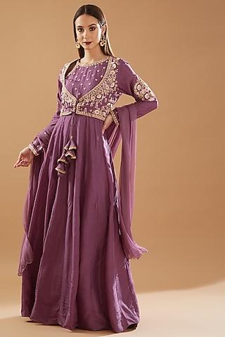 lilac bemberg silk embroidered anarkali set